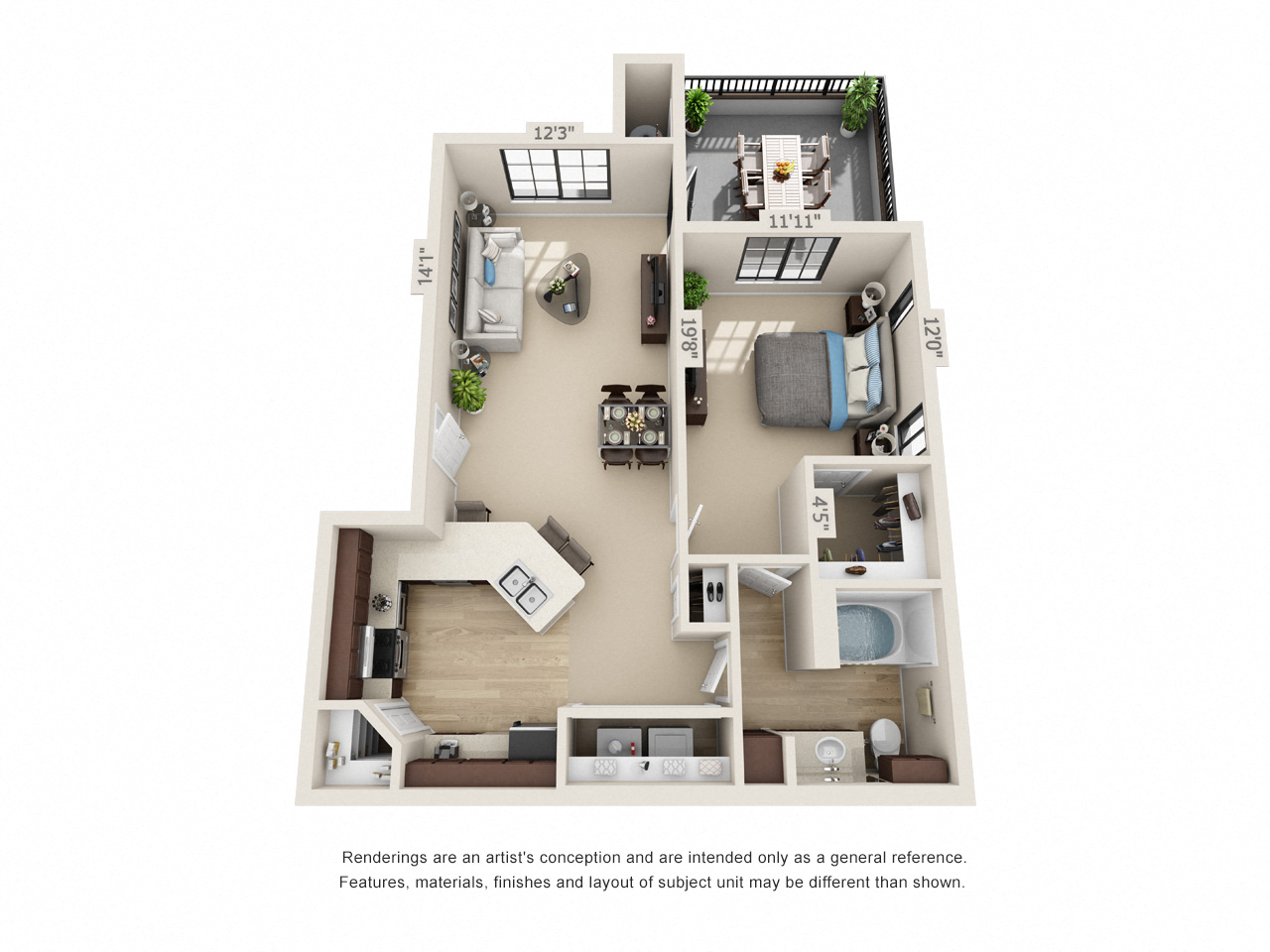 Floor plan for 1 bed, 1 bath, 842 sqft